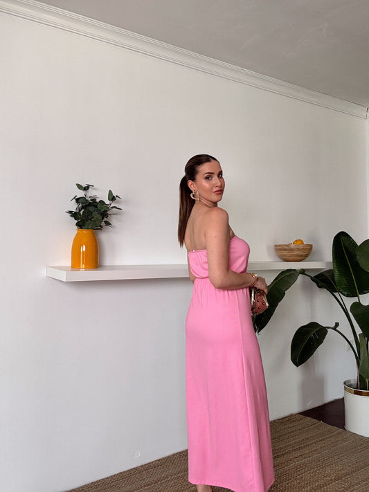 Straplez gold düğme detaylı fitilli elbise PEMBE