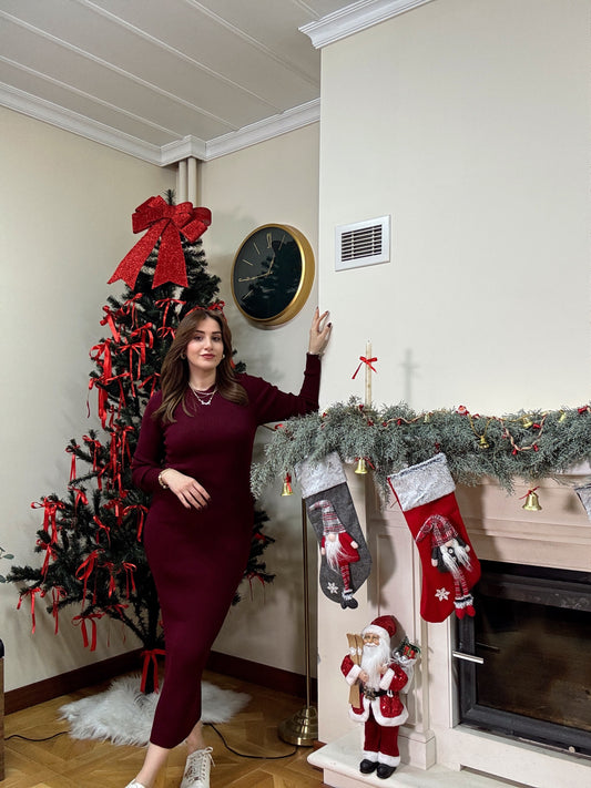 Kapşonlu jileli elbise-BORDO