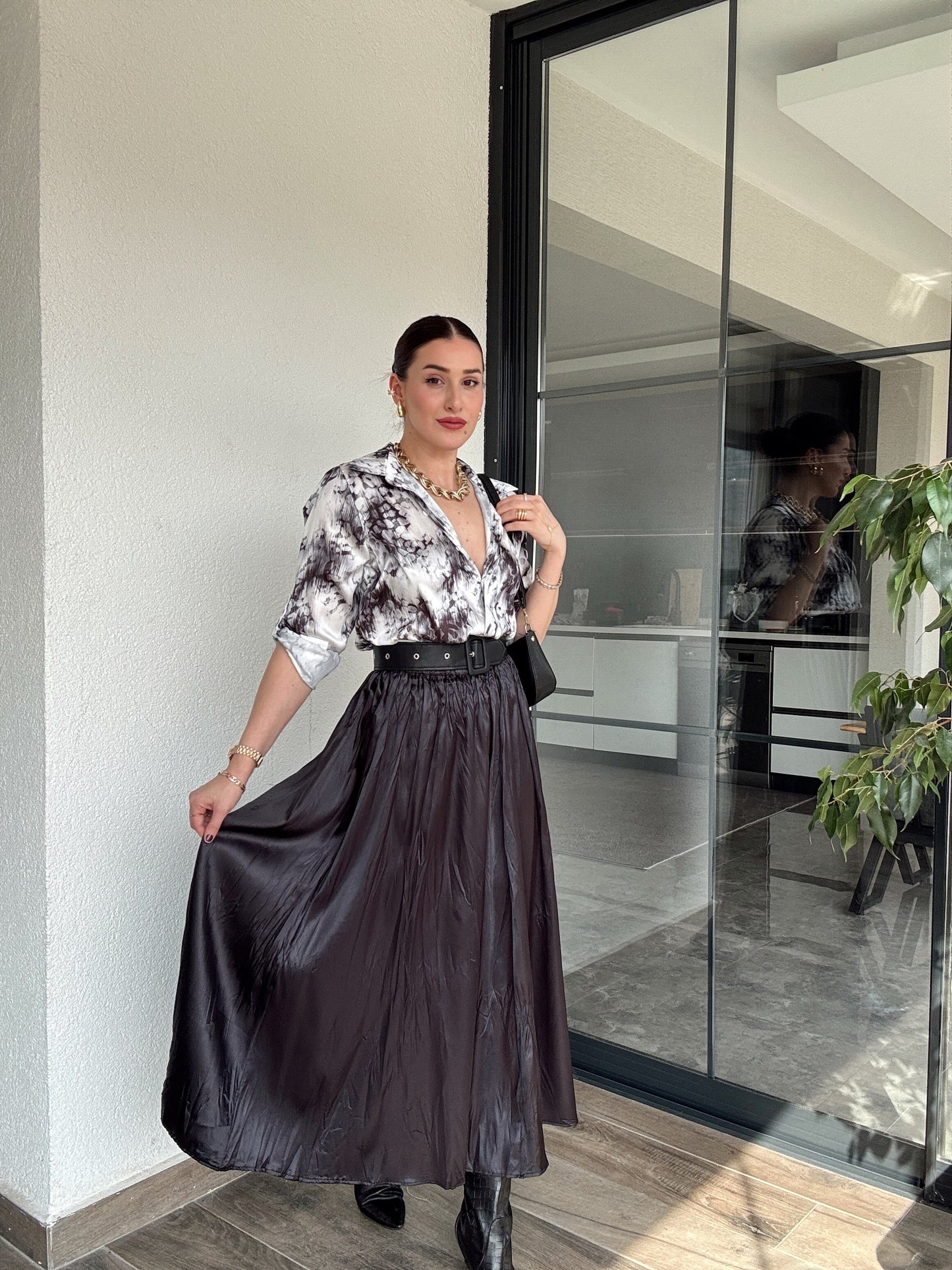 Crush kumaş beli lastikli Etek - SİYAH