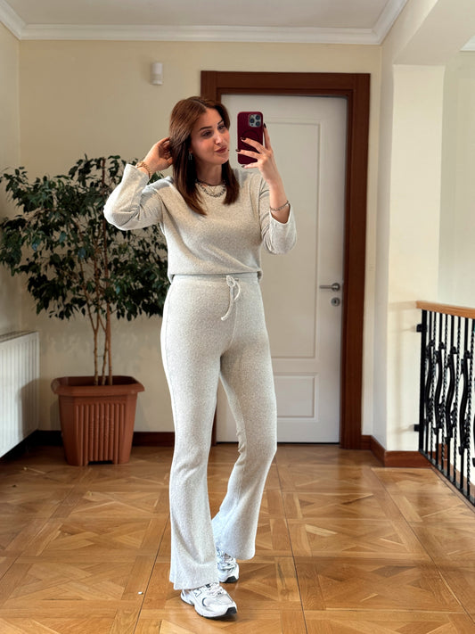 Fitilli bisiklet yaka crop bol paça pantolon takım-GRİ