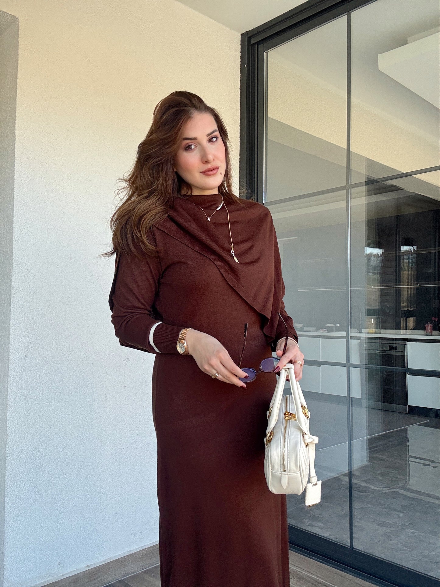 Çizgili pelerinli elbise-KAHVERENGİ