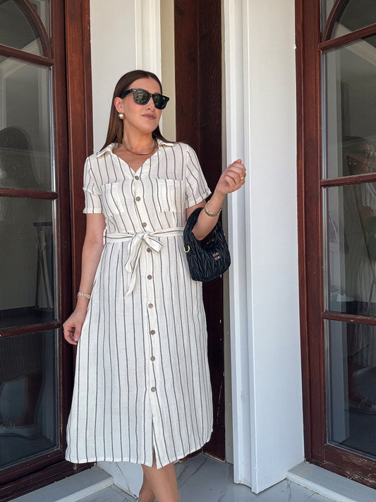 Çizgili Cepli Gömlek Elbise - SİYAH