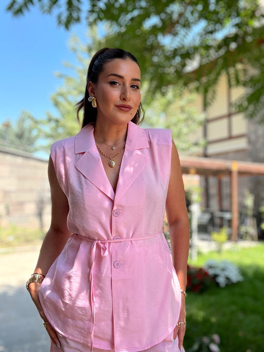 BRUCE tensel kumaş kemerli takım PEMBE
