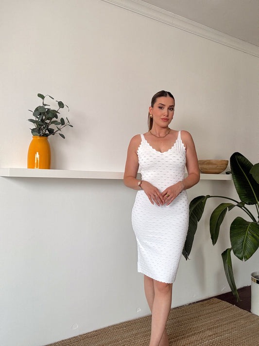 Petek desen triko elbise BEYAZ