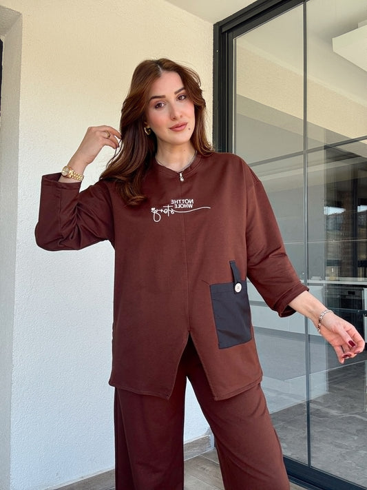 Cep detaylı nakışlı takım-KAHVERENGİ