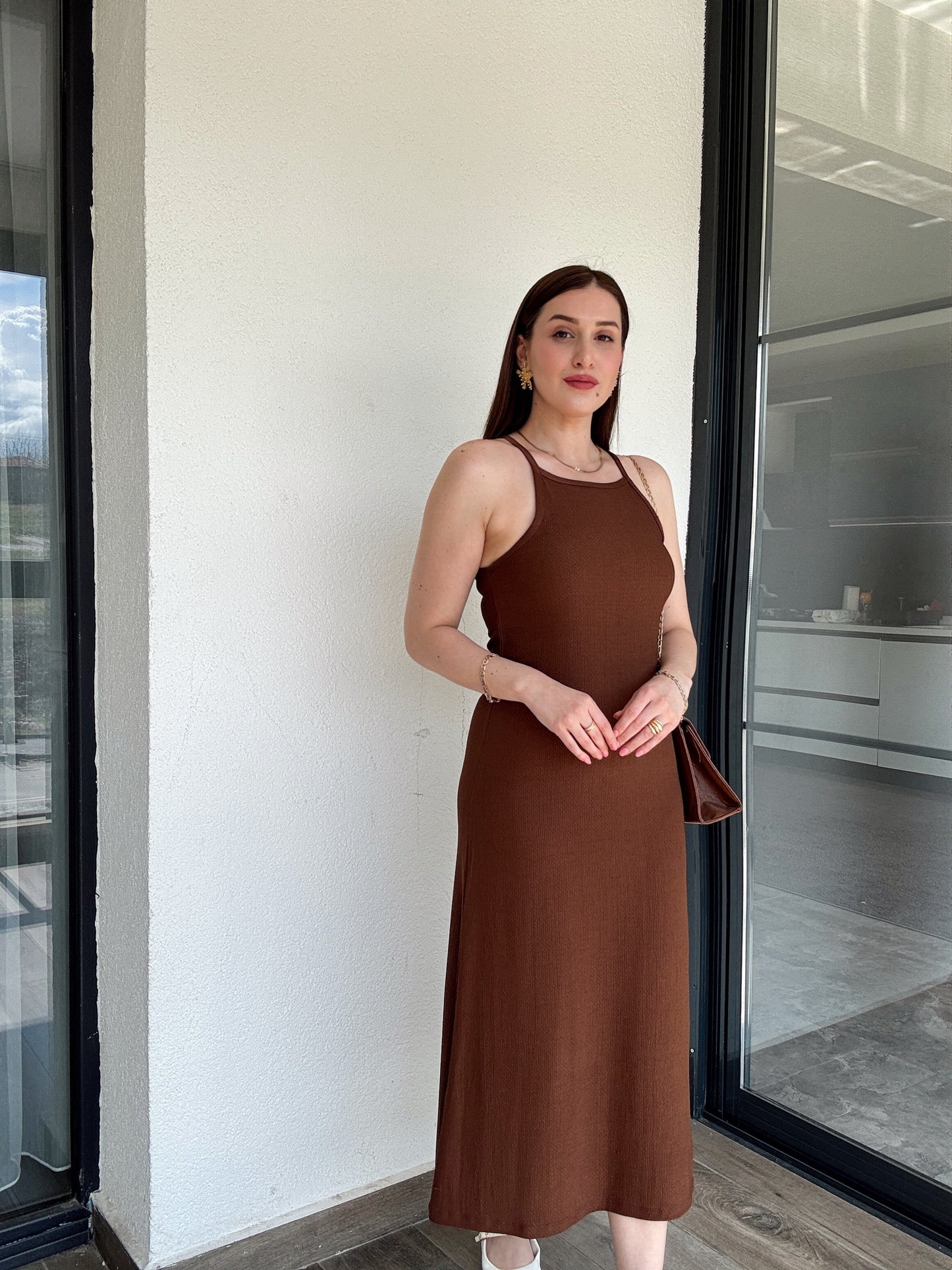 Askılı Okyanus Elbise Kahve