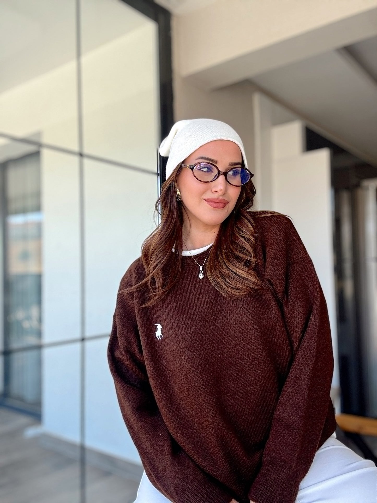 Nakışlı Oversize Triko Kazak Kahve