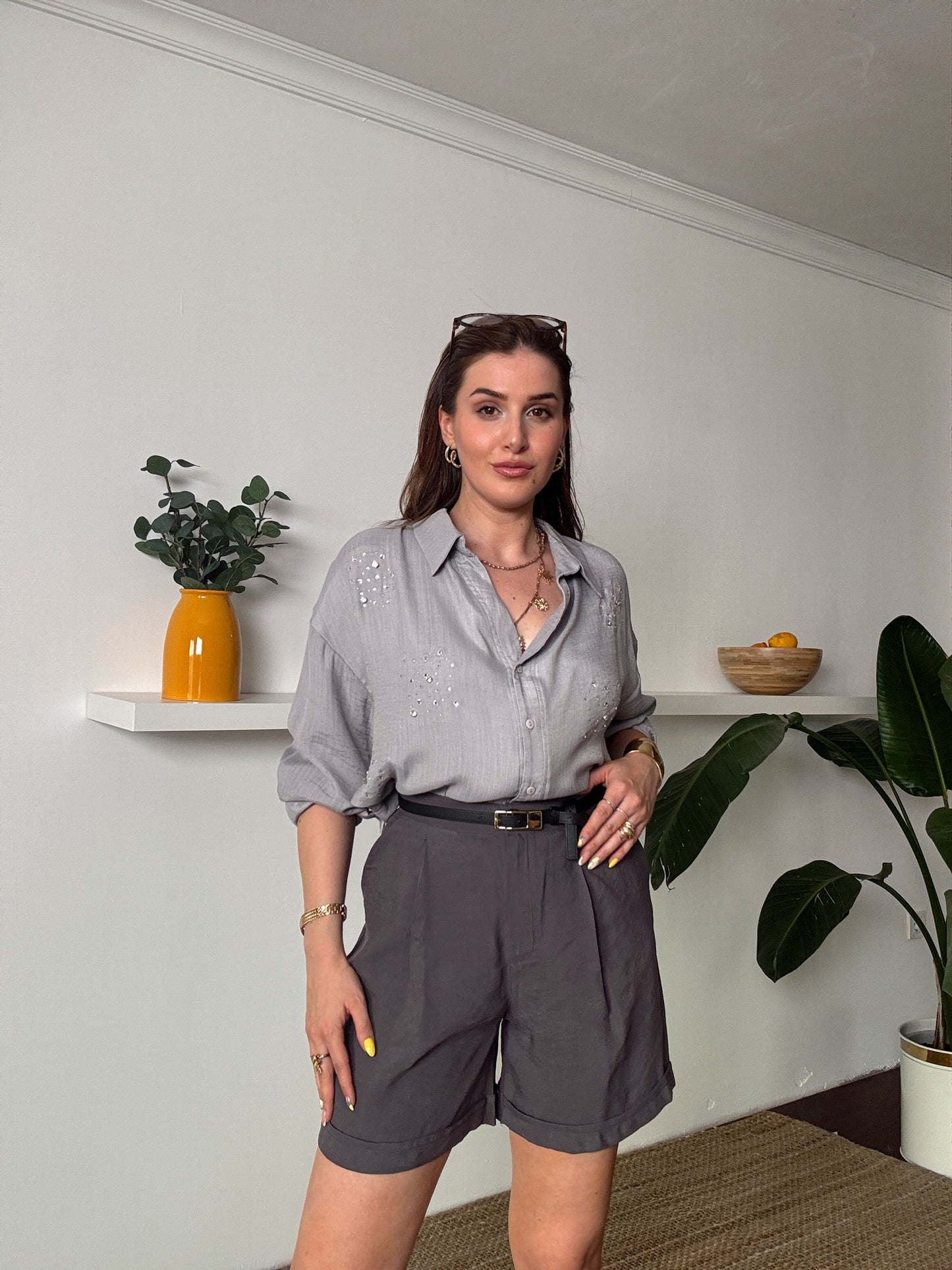 DİANA taş detaylı KETEN gömlek GRİ
