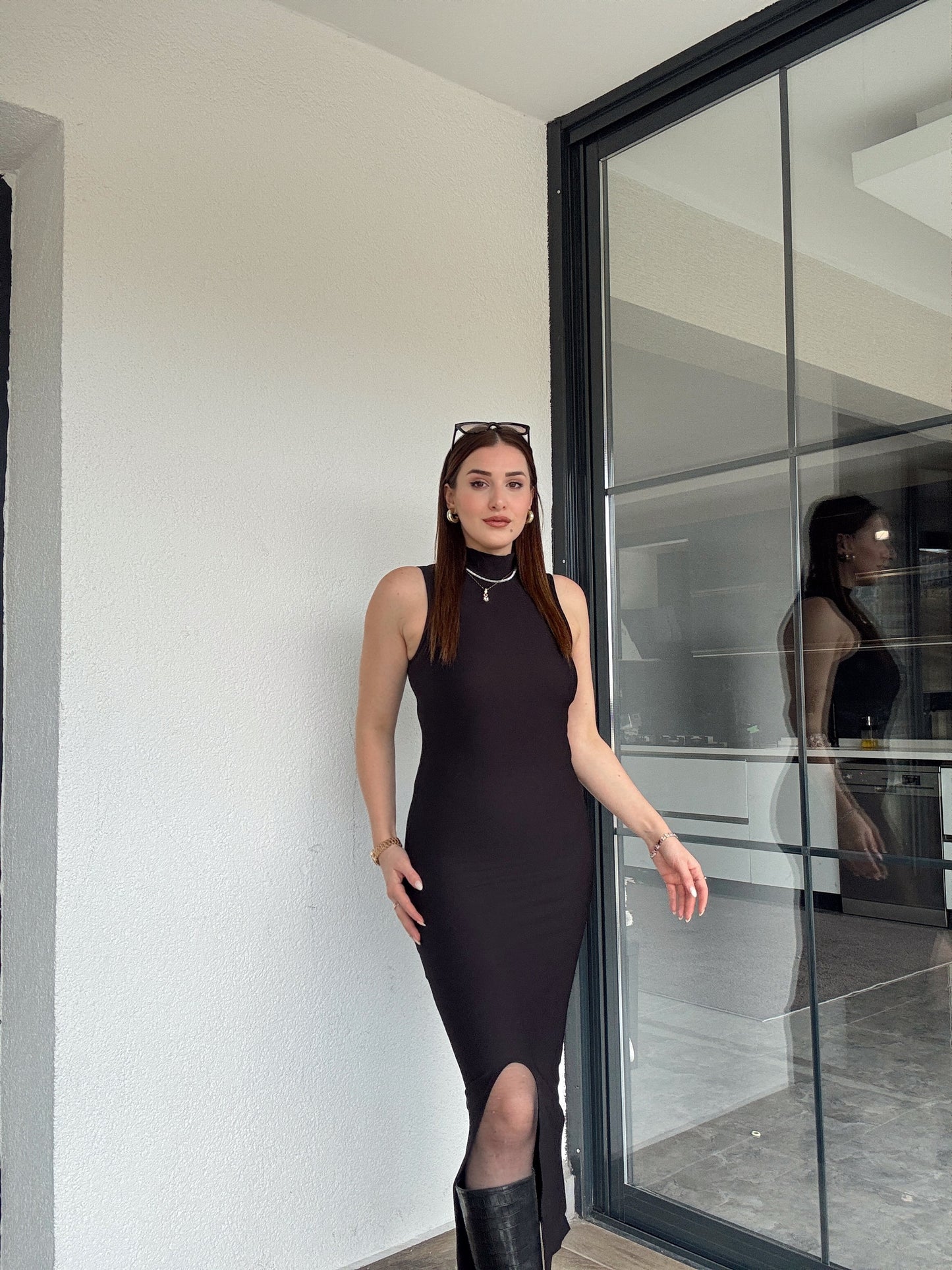 Balıkçı yaka kolsuz elbise-SİYAH