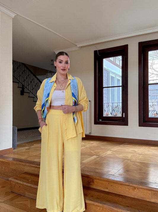 Gofre pantolonlu ikili takım Sarı