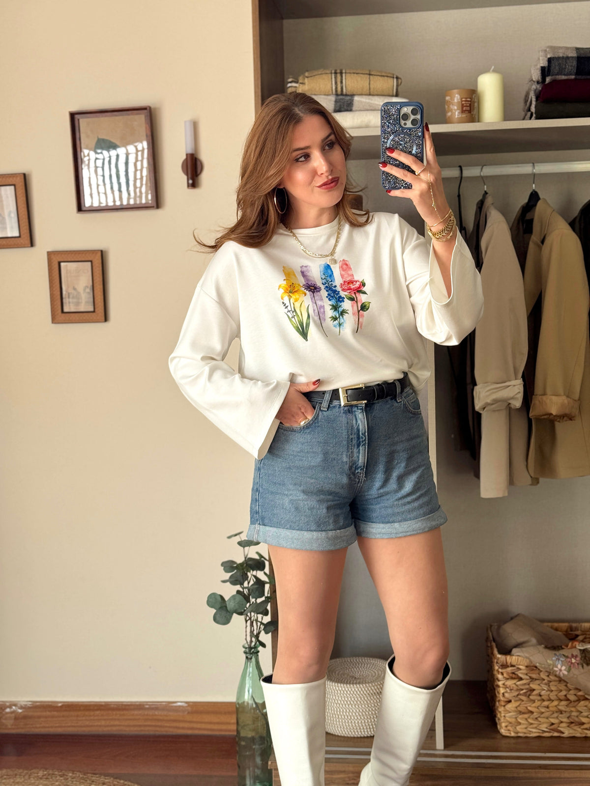 Çiçek desenli modal sweat Beyaz