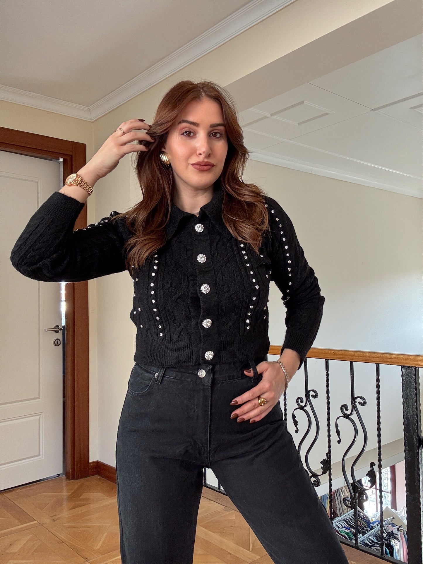 Örgü taşlı ceket-SİYAH