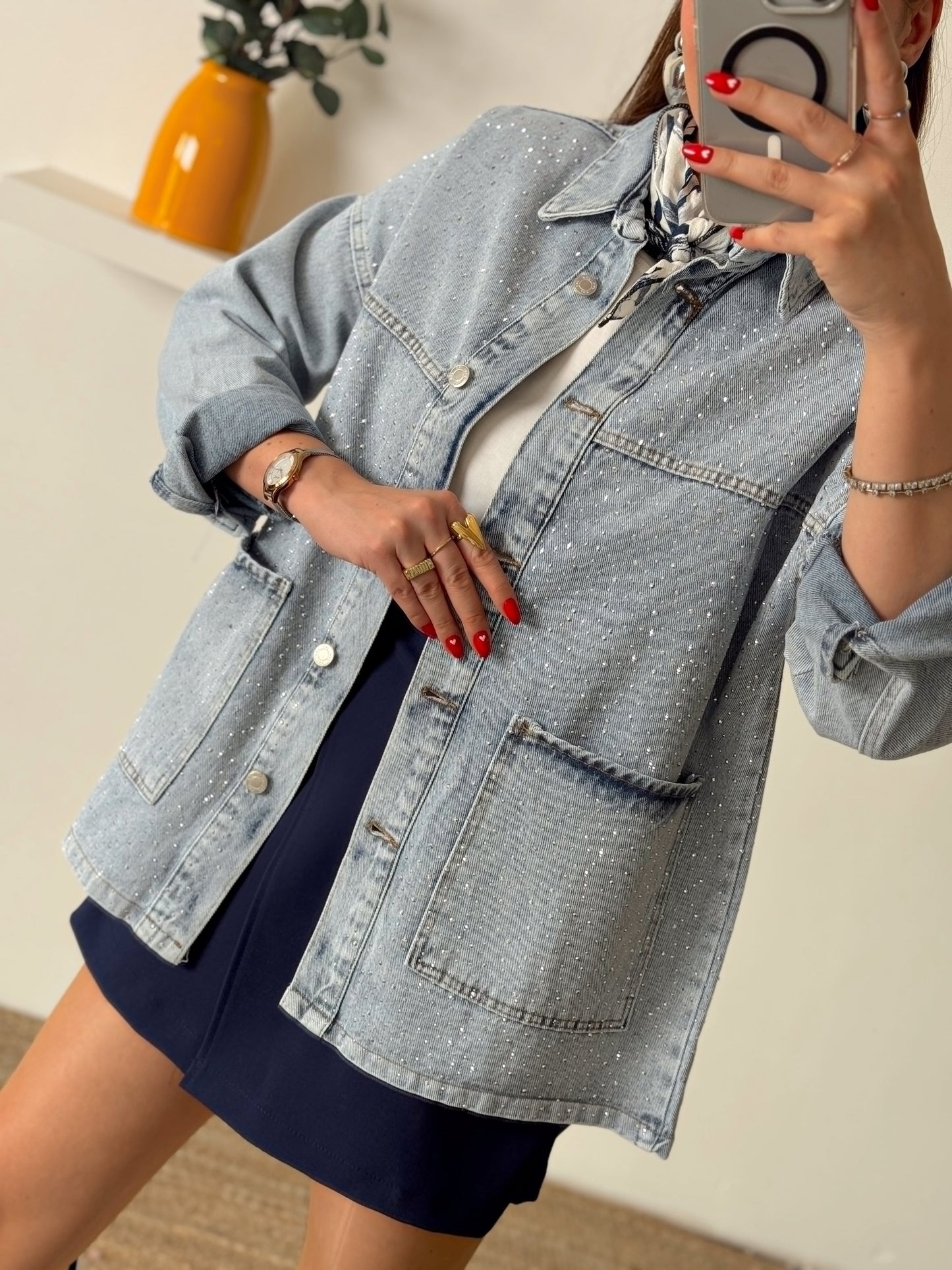Cepli Taşlı oversize jean ceket Mavi