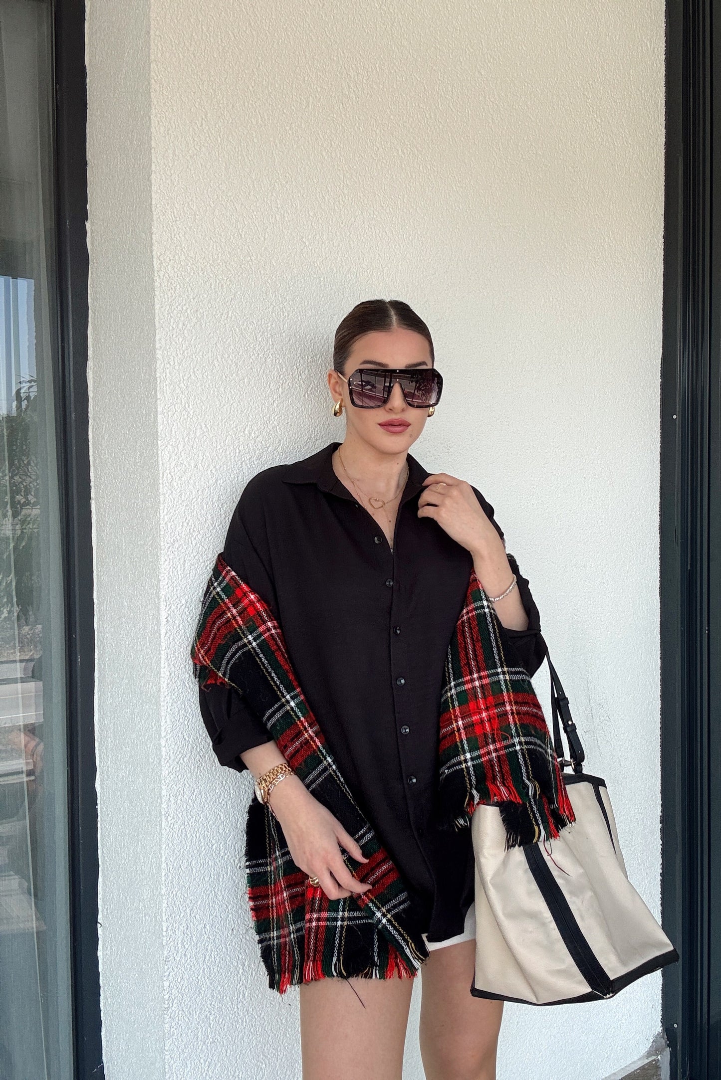 Arka Çift Pens Oversize Keten Gömlek SİYAH