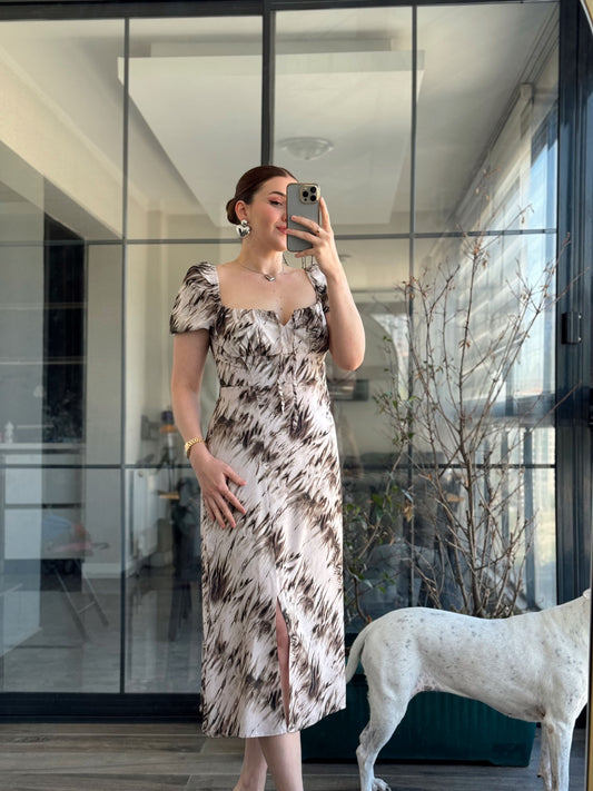 Vintage Desen Yırtmaçlı Kurdeleli Elbise - KAHVERENGİ