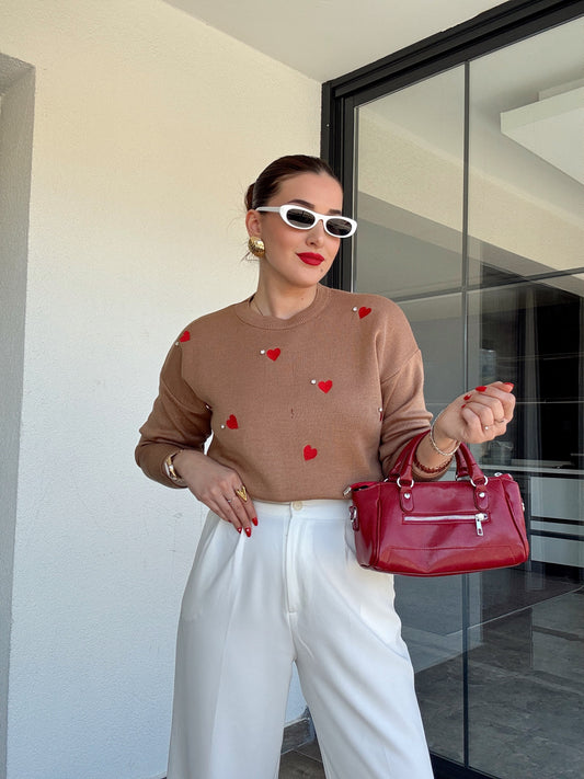 Nakışlı kalpli taş detaylı kazak CAMEL