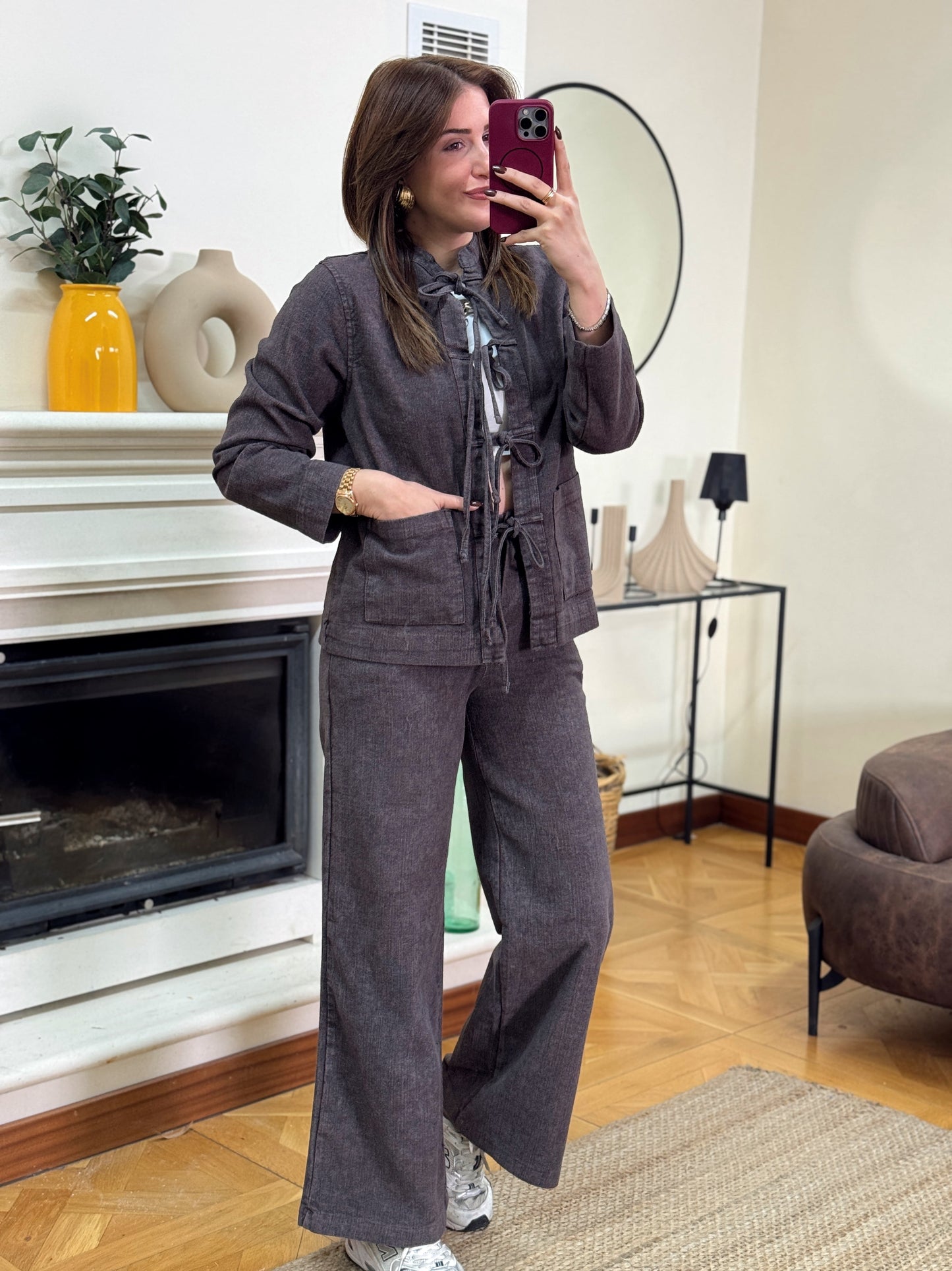 RUFFY bağlamalı yıkamalı gabardin ikili takım kahverengi