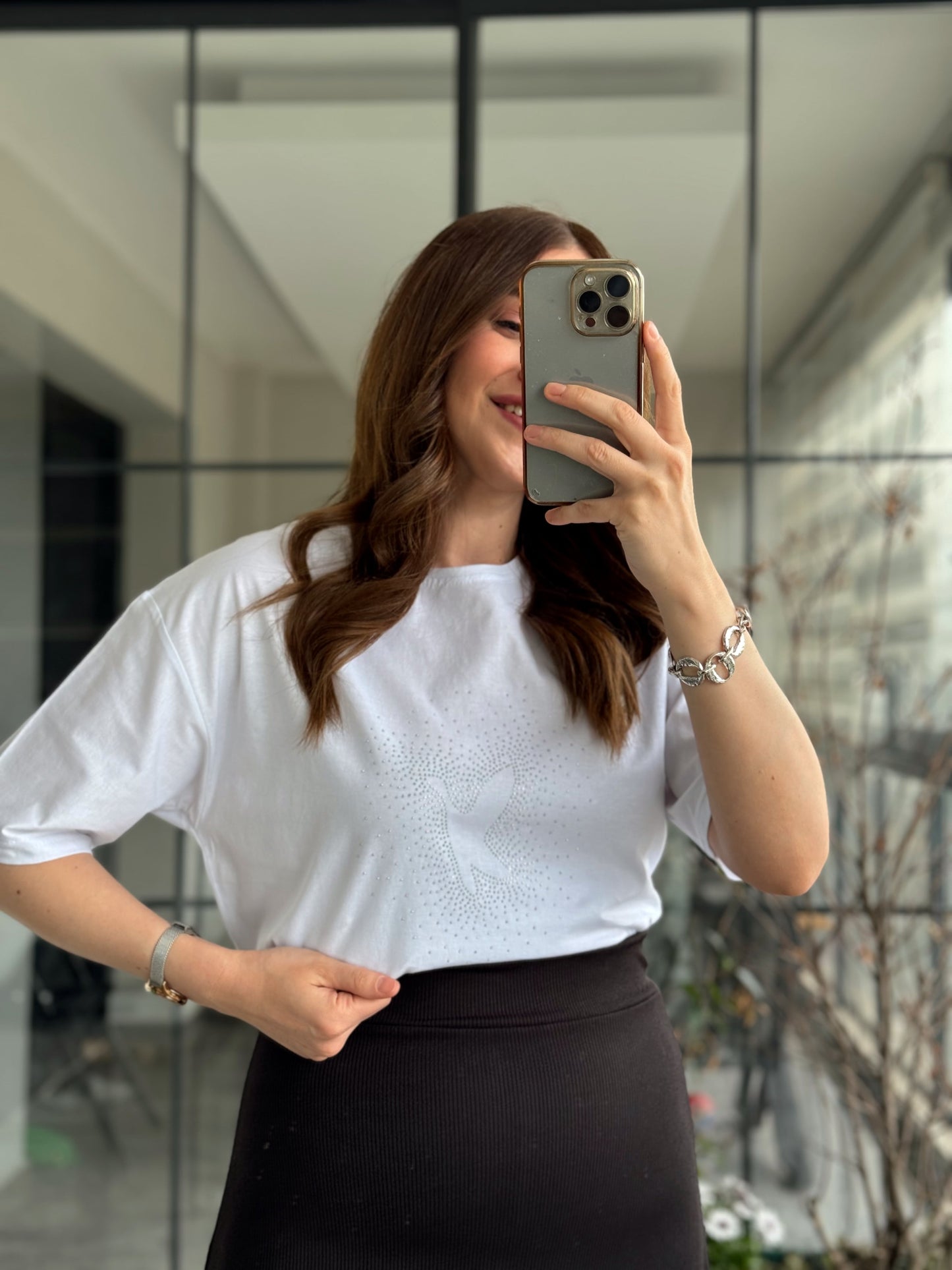 BYMN Kuş Baskı Detay Pamuk Tişört - BEYAZ