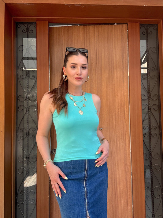 İrmela Halter Yaka Bluz Turkuaz