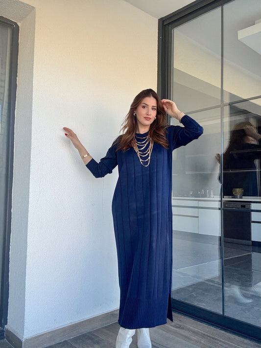 Şerit detaylı uzun triko elbise LACİVERT