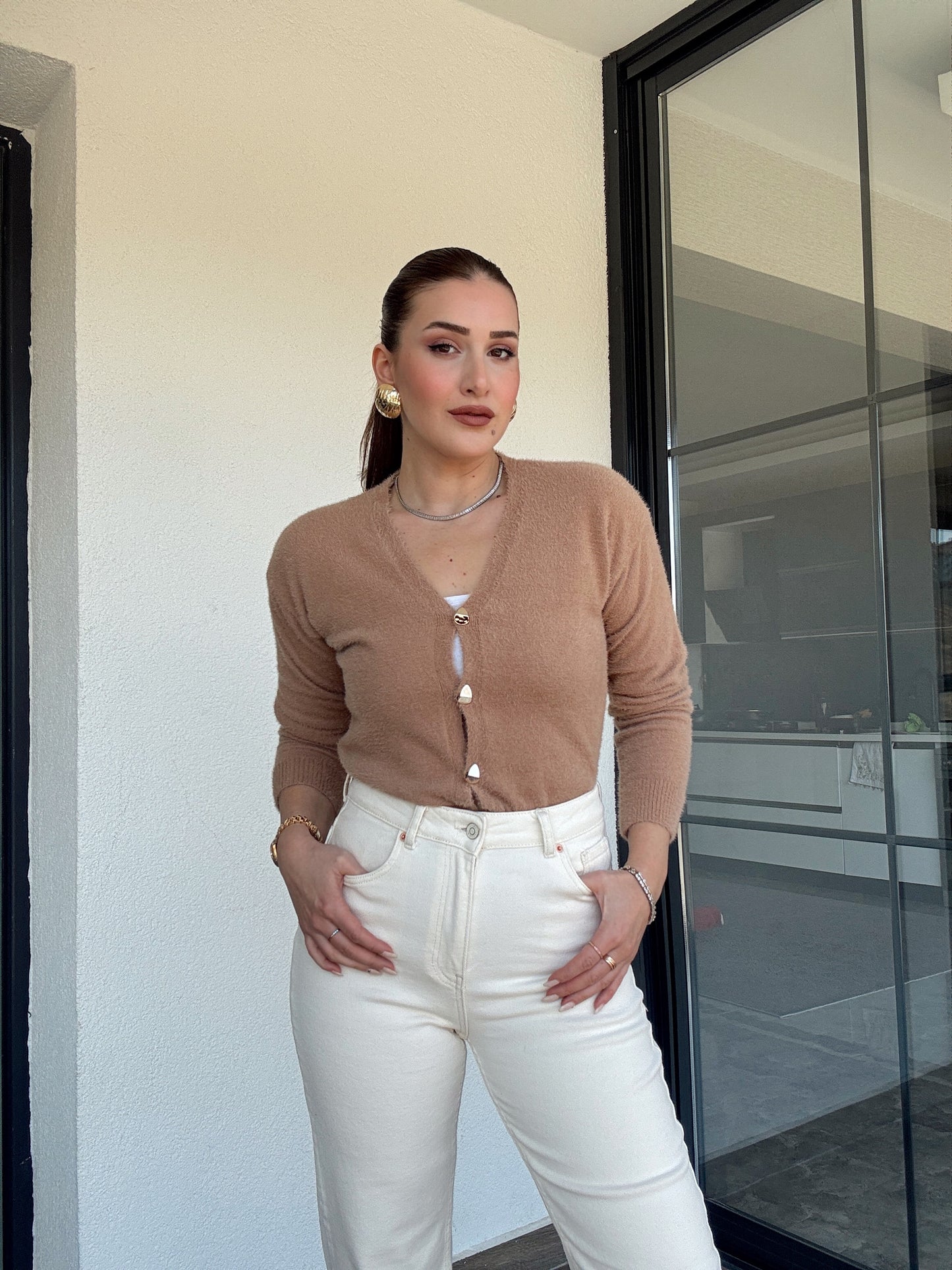 V Yaka yumoş ceket-CAMEL