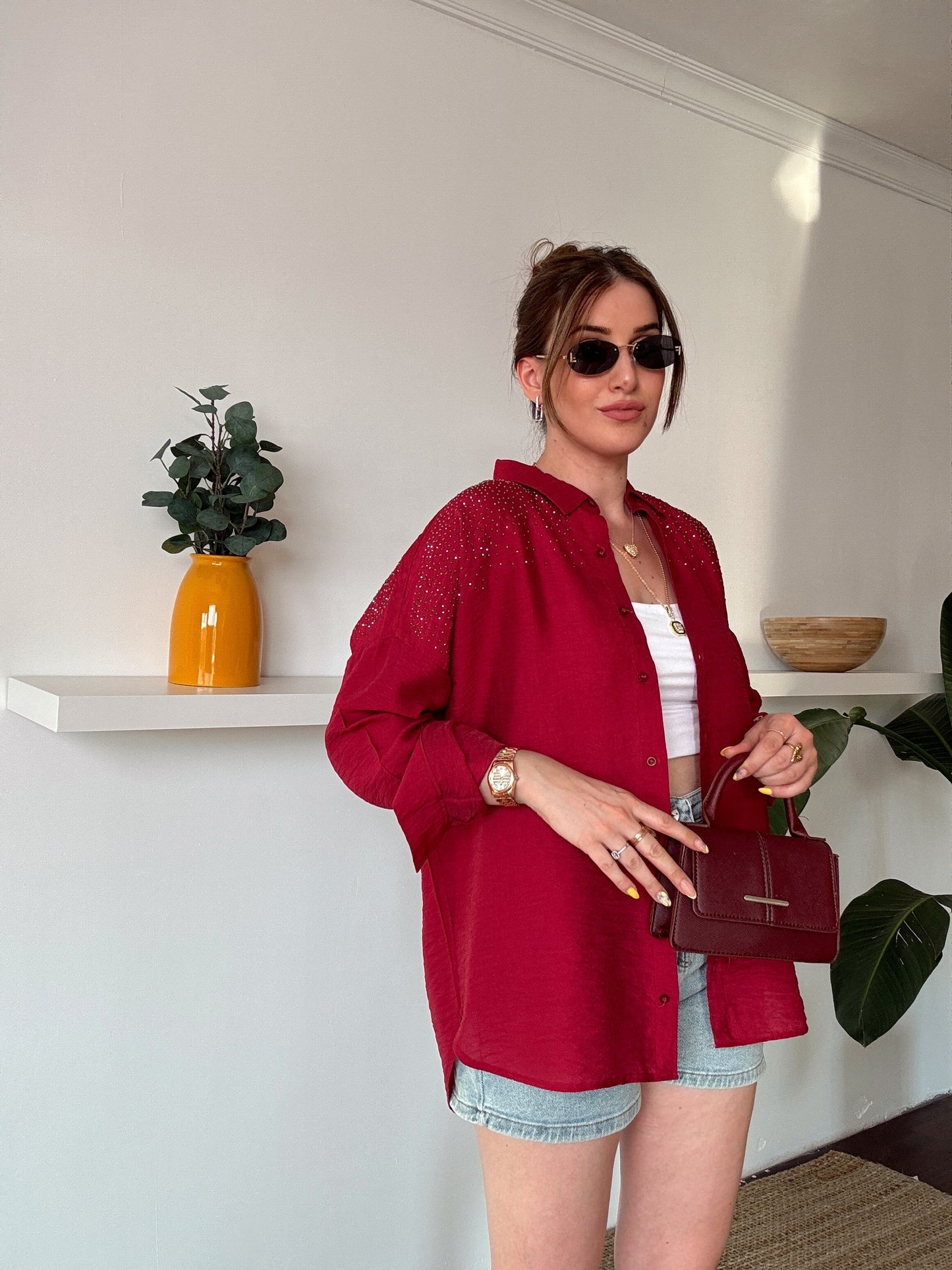 Arkası yıldız taş işlemeli aerobin gömlek BORDO