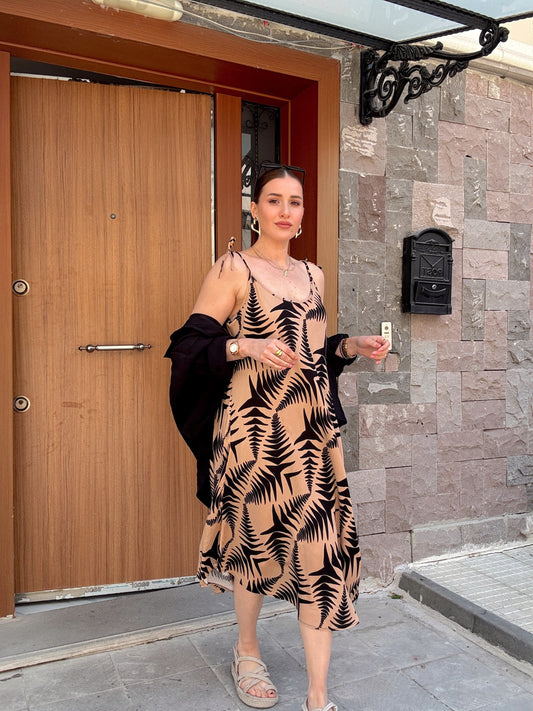 İnce ip askılı viskon kumaş elbise -CAMEL