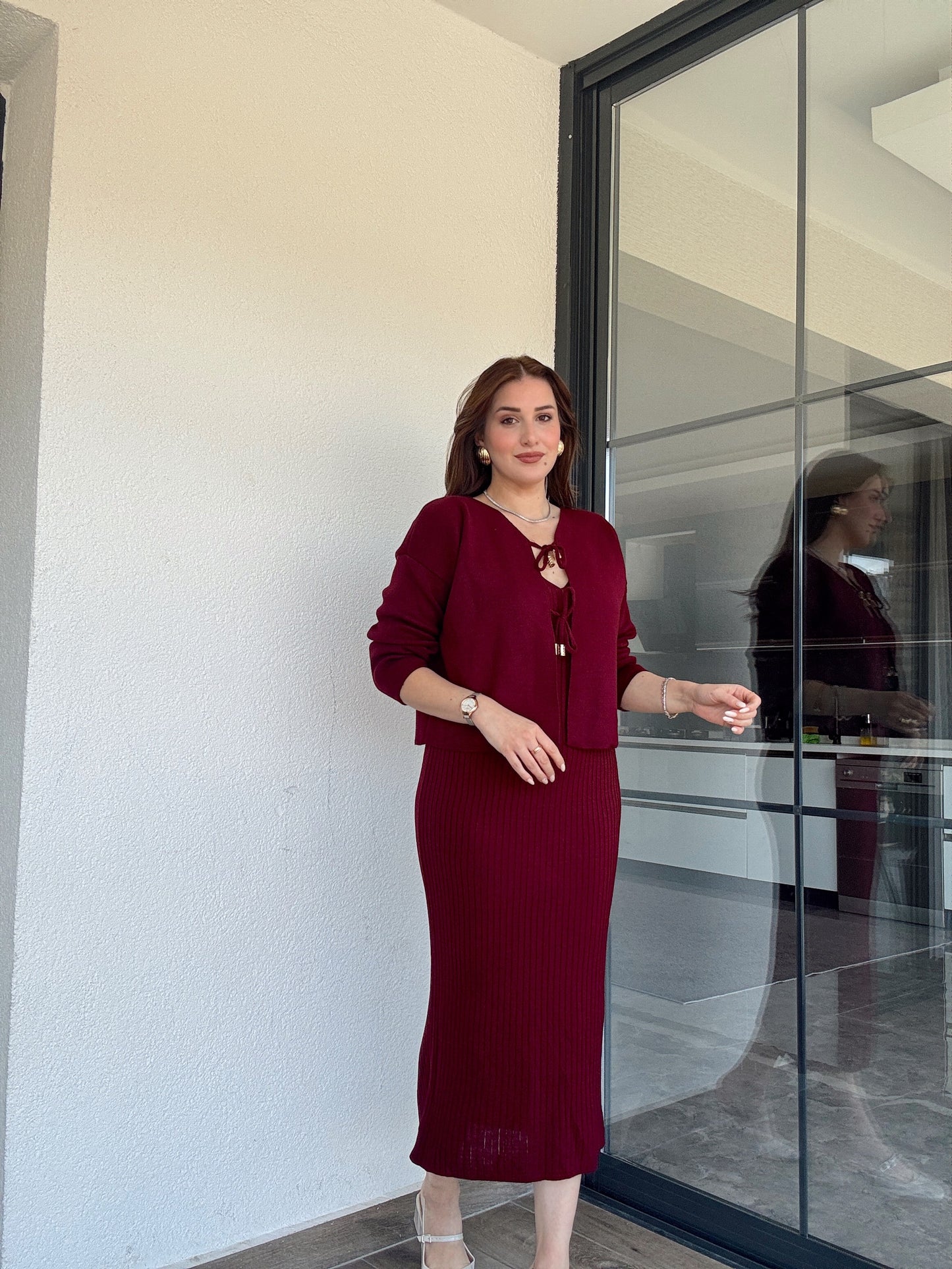 Önü Bağlama Jileli Triko Takım Bordo