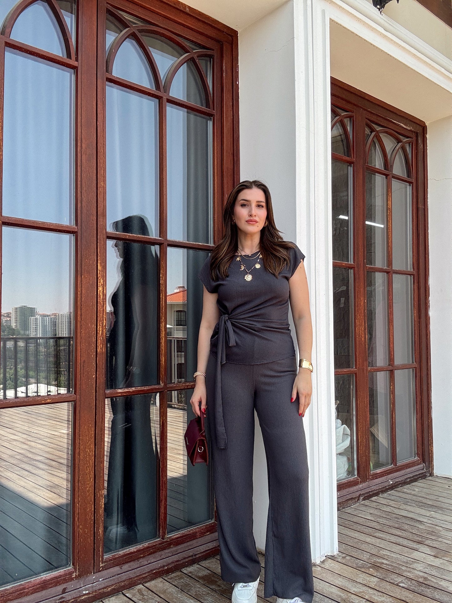 Bağlama detaylı bluz pantolon ikili takım Antrasit