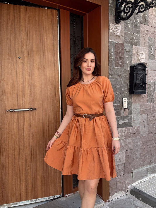 Balon kol volanlı elbise TABA