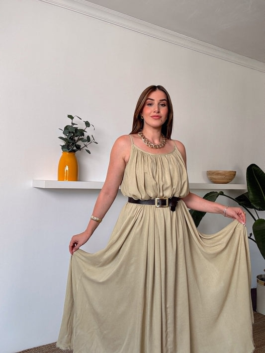 Viskon Vual İp Askılı Elbise Haki