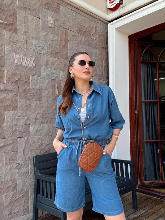 Şortlu oversize kot takım-KOYU MAVİ