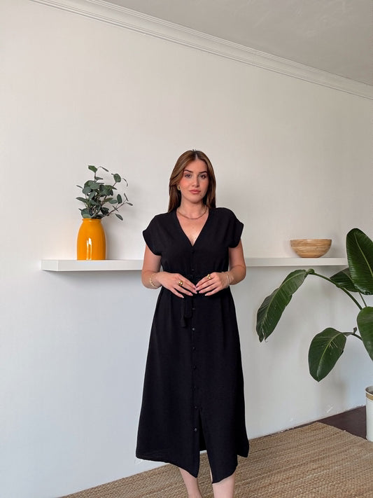 Aerobin Önü düğmeli Kuşaklı Elbise Siyah
