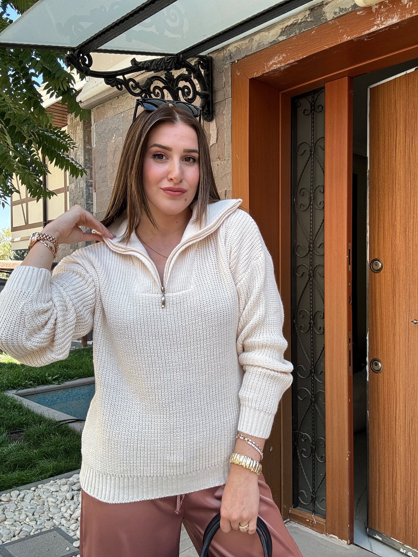 Geniş Fermuar Yaka Selanik Kazak LATTE