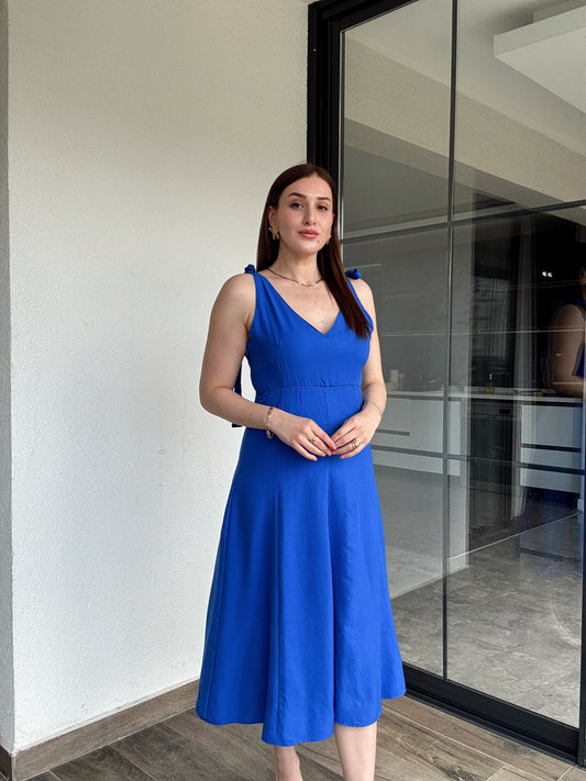 Omuz bağlama detay viskon elbise SAKS MAVİ