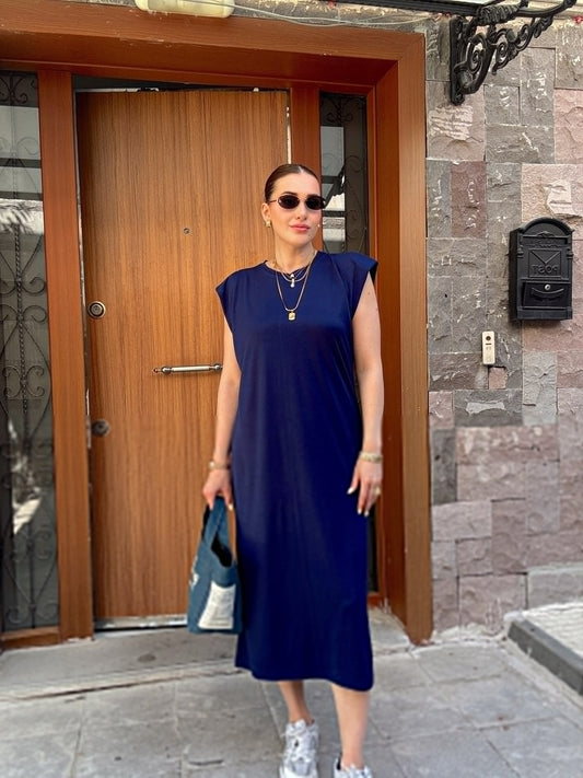 Modal kumaş vatkalı bisiklet yaka elbise LACİVERT