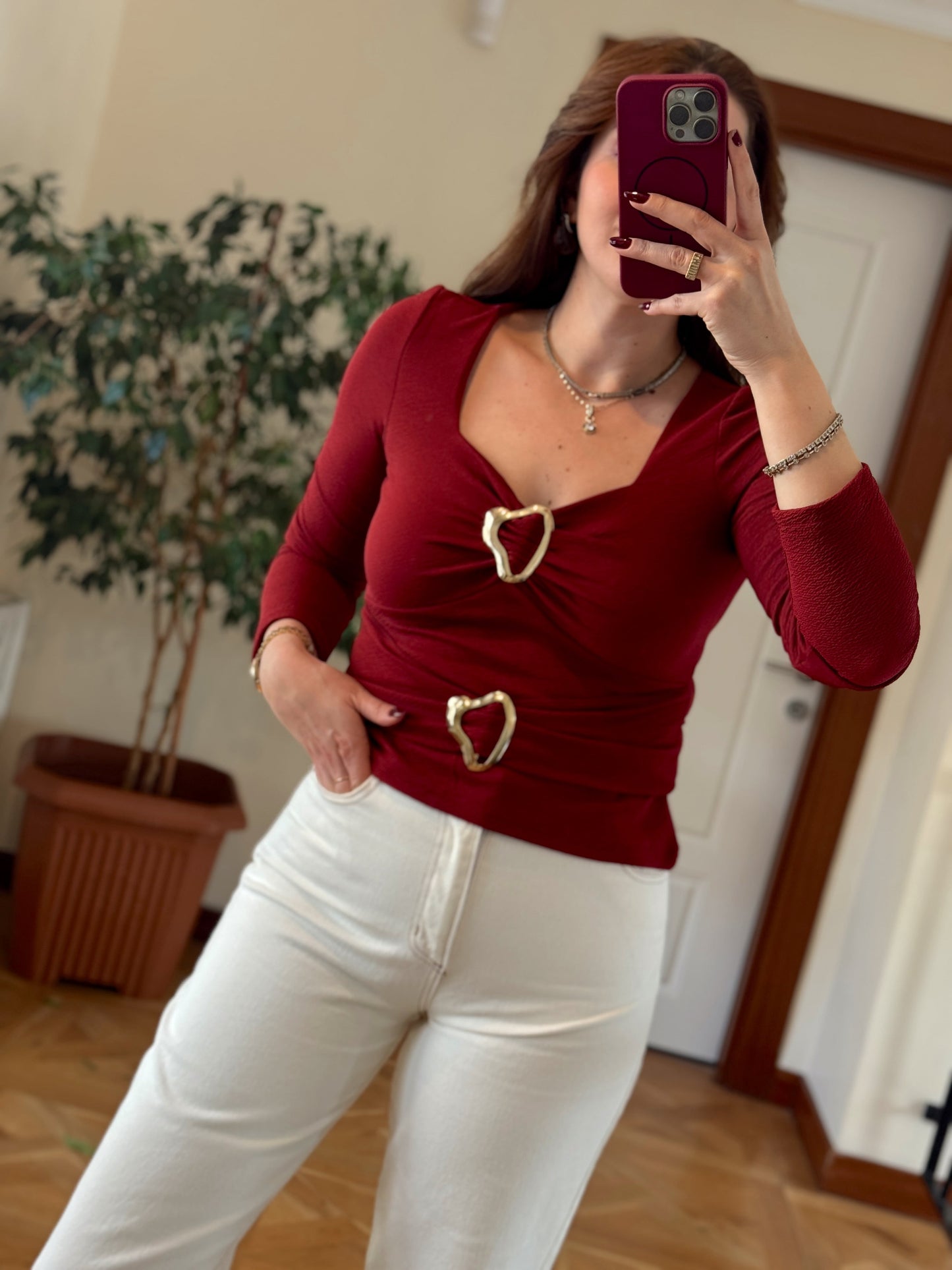 Çift tokalı bluz-BORDO