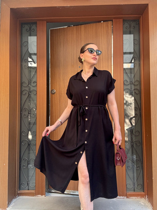 Polo yaka kemerli düğmeli viskon elbise SİYAH