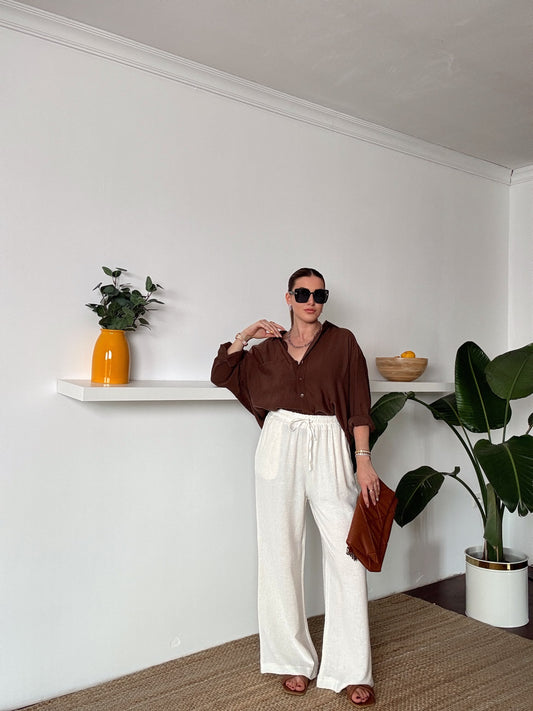 Bel lastikli bol paça keten pantolon TAŞ