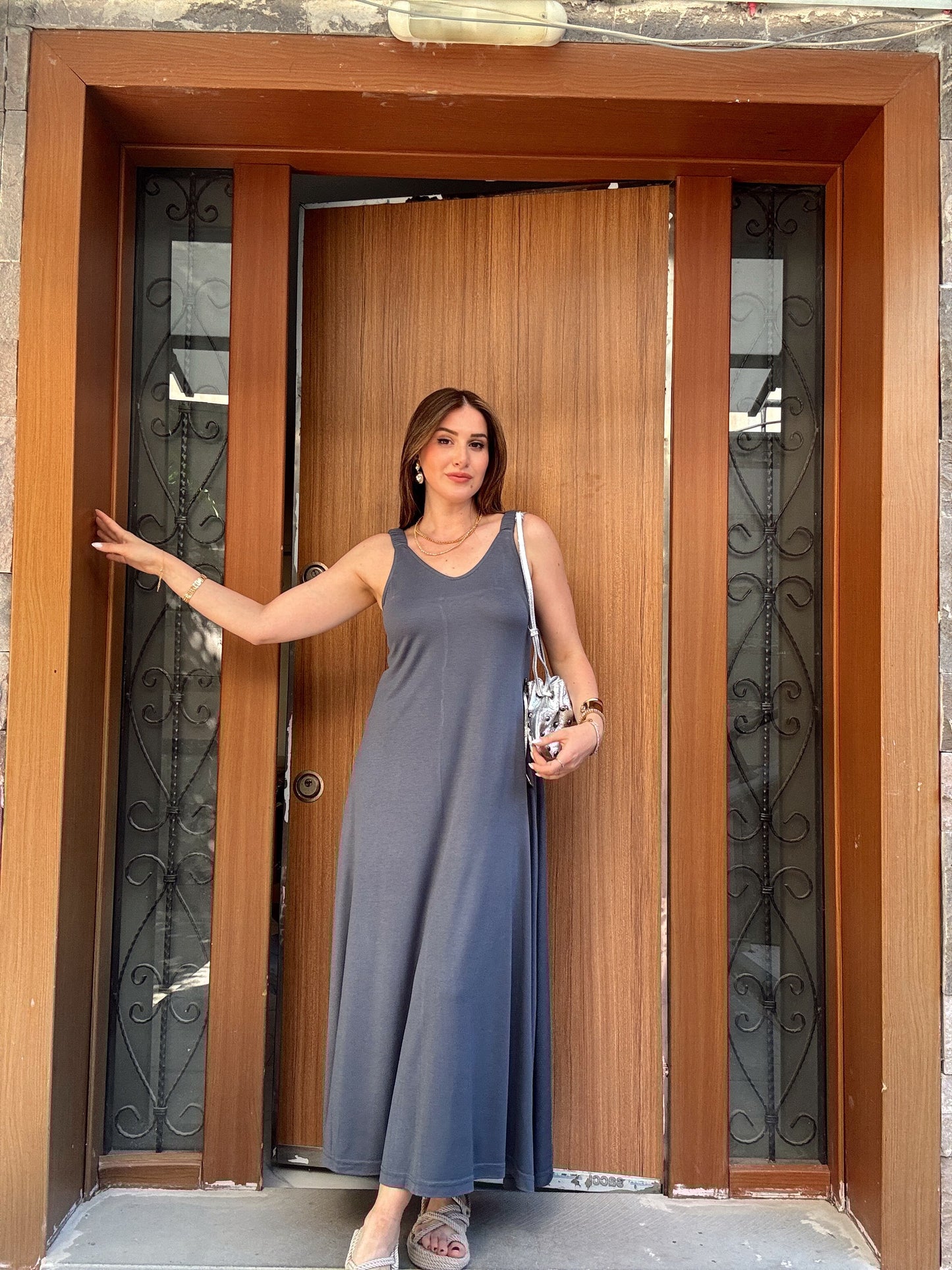 Modal kumaş lastik askılı elbise GRİ