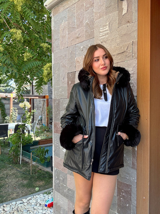 İçi kapitone Kürklü Deri parka Siyah