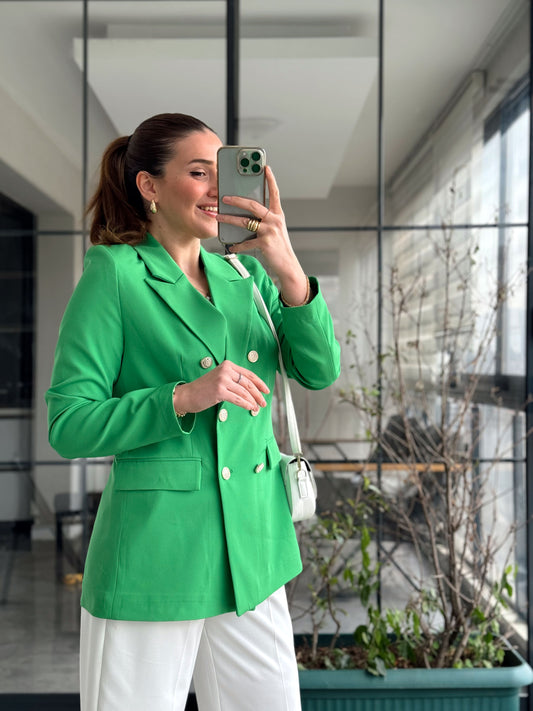 Gold Düğme Blazer Ceket - YEŞİL