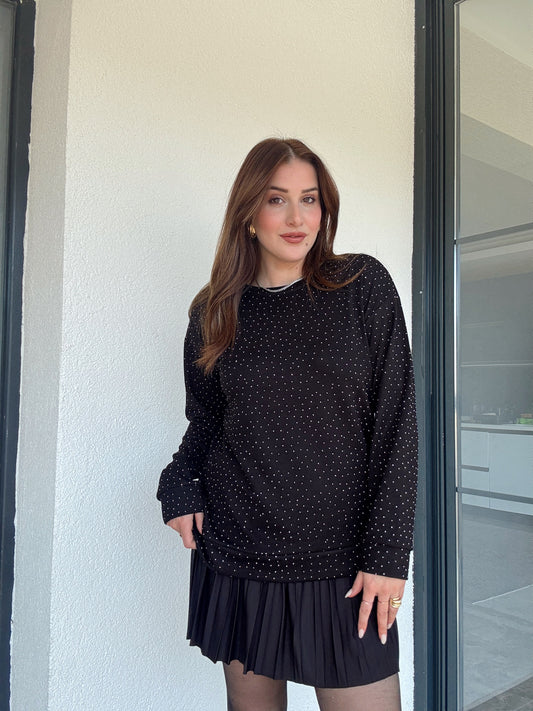 Modal taşlı iki iplik sweat-SİYAH