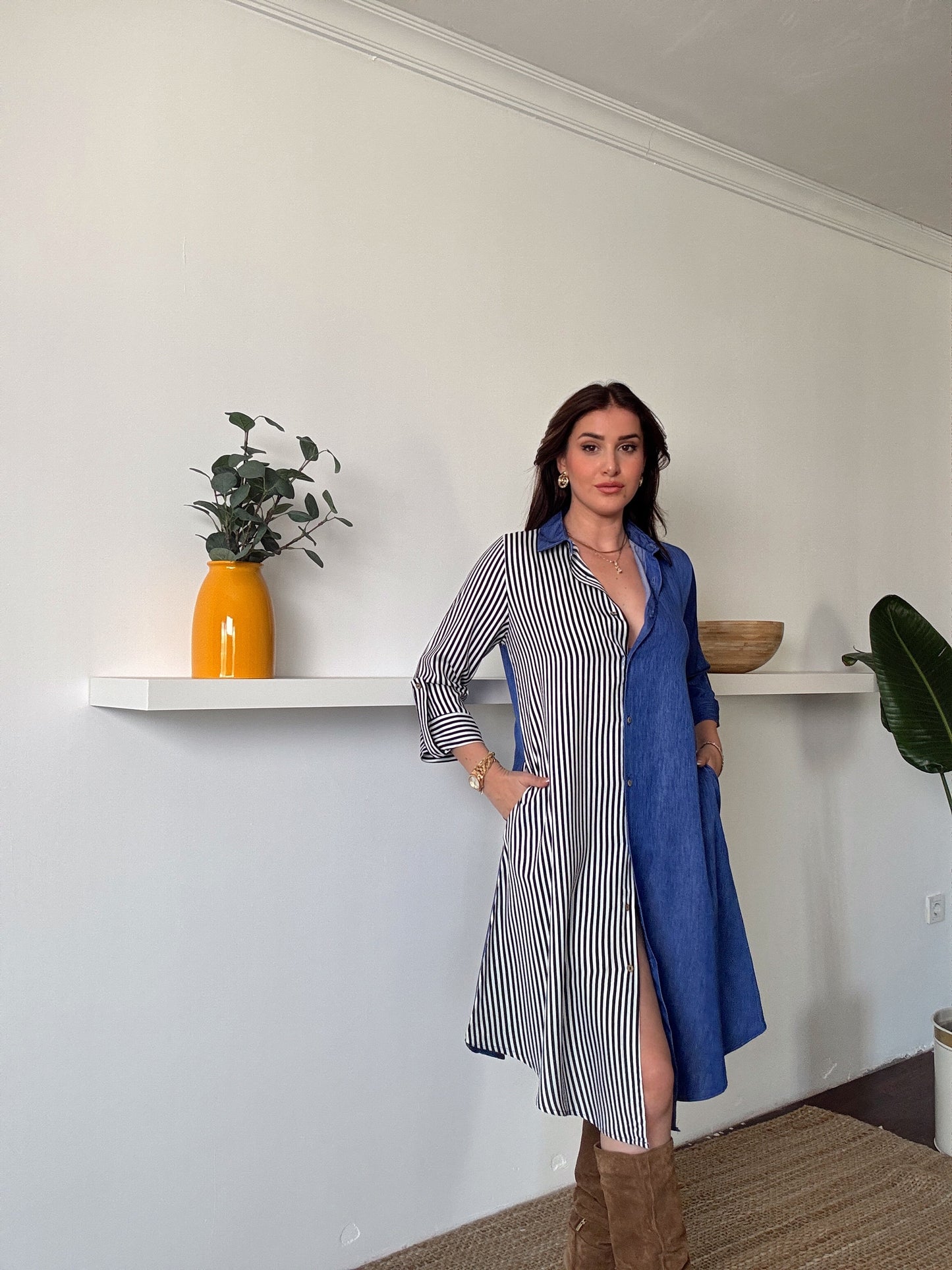 Çizgili tensel denim görünümlü elbise MAVİ