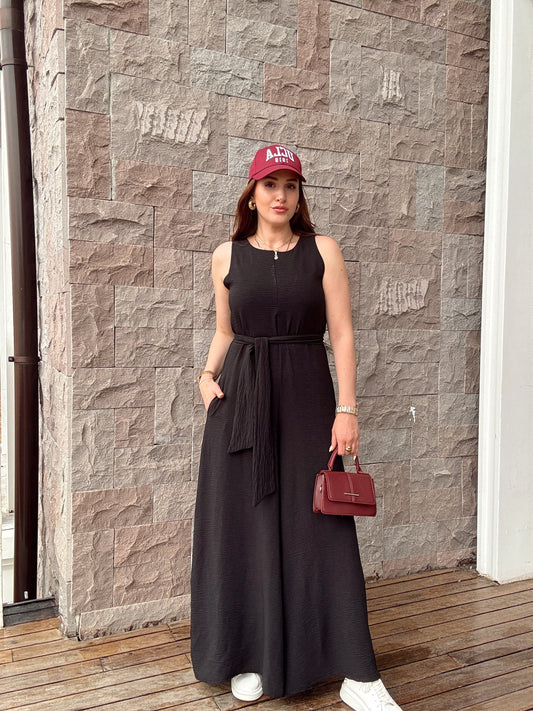 Sırt fermuar detaylı kuşaklı tulum SİYAH