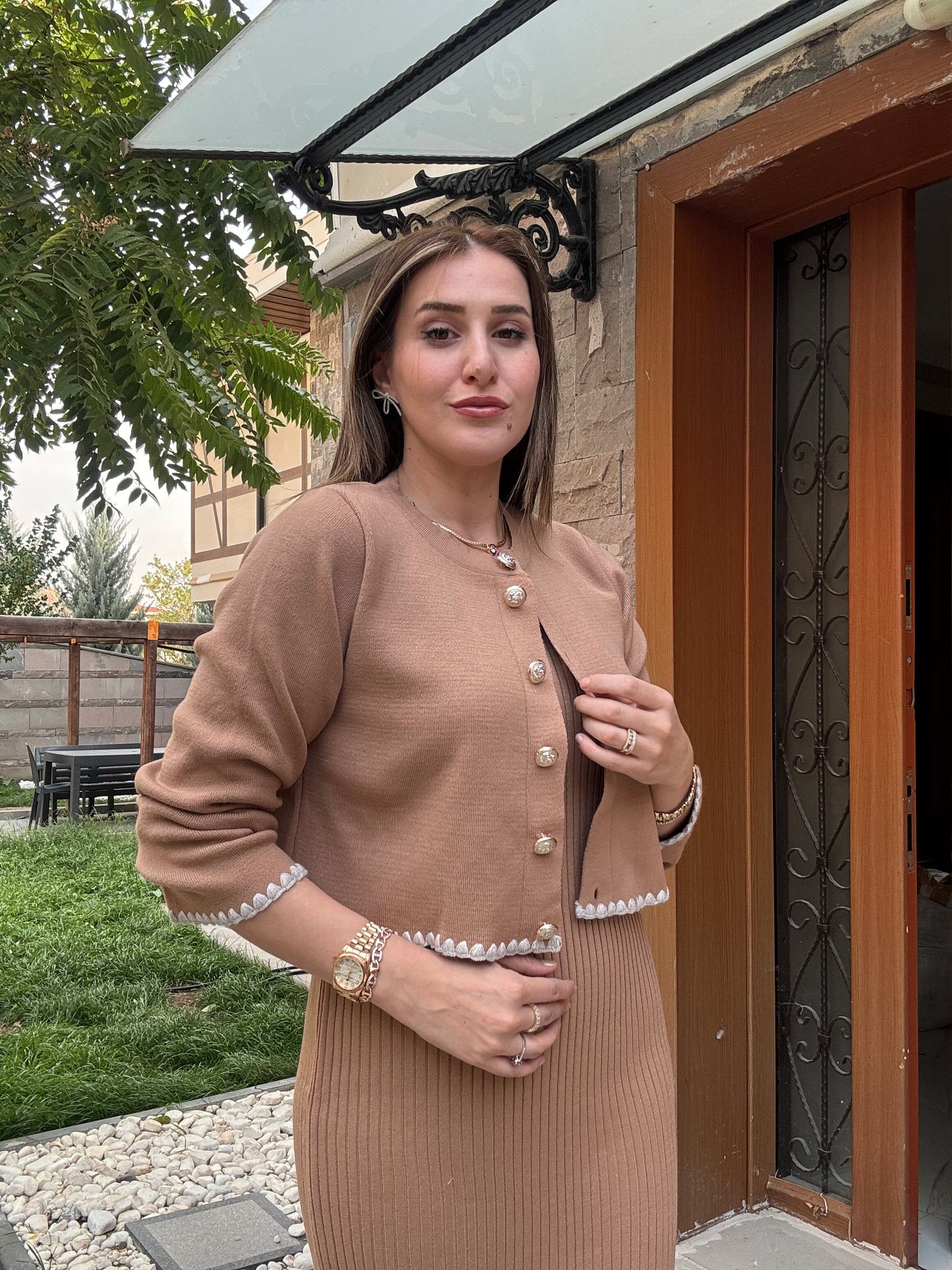 Çoban Dikişli Ceketli Triko Takım - CAMEL