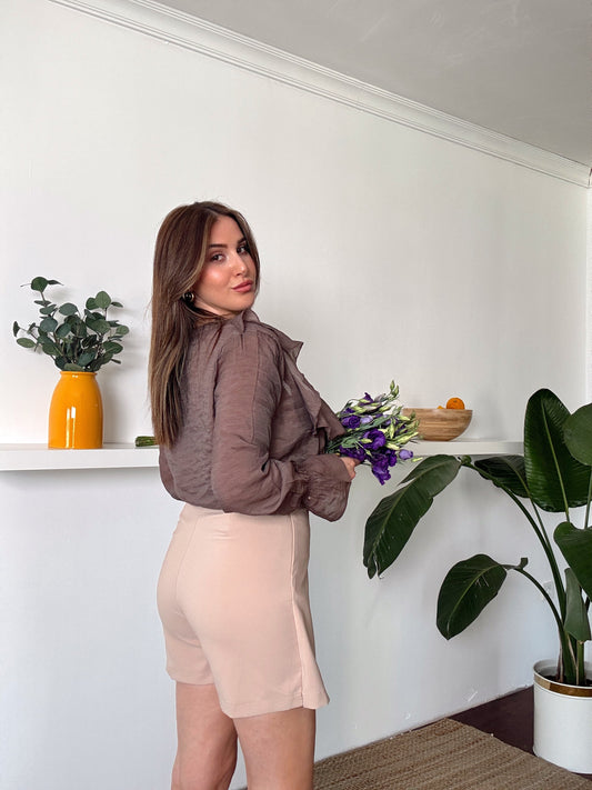 Yüksek bel şort etek Bej