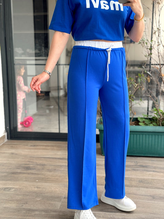 Beli Lastikli Çimalı Pantolon - SAKS MAVİ