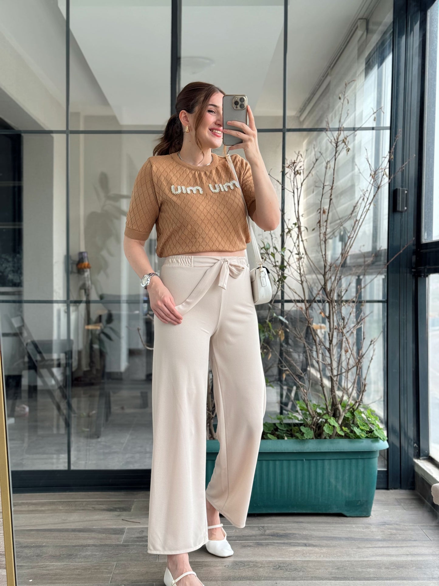 Kuşaklı Crep Kumaş Palazzo Pantolon-BEJ