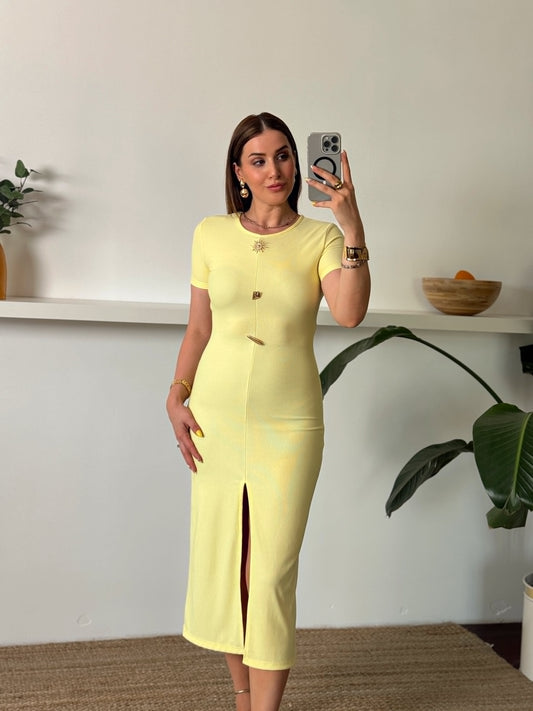 Yarım kol ottoman düğmeli elbise SARI